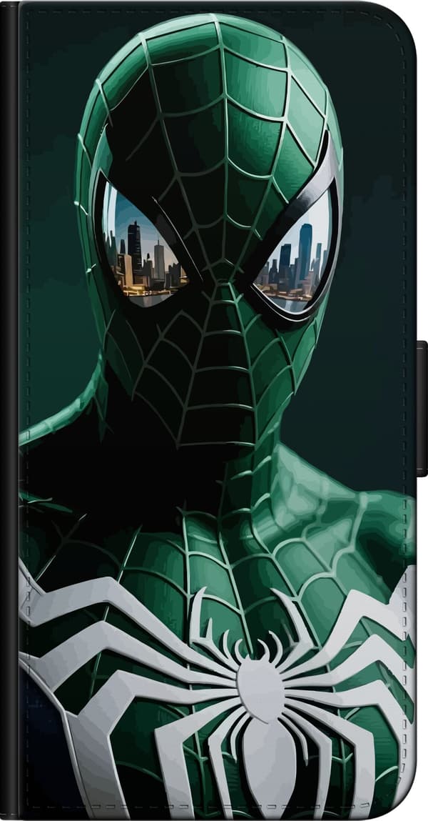Kompatibel Tegnebogsetui til Huawei P40 lite E Spider-Man i grøn og sort dragt med hvidt edderkoppesymbol og reflekterende øjne grøn