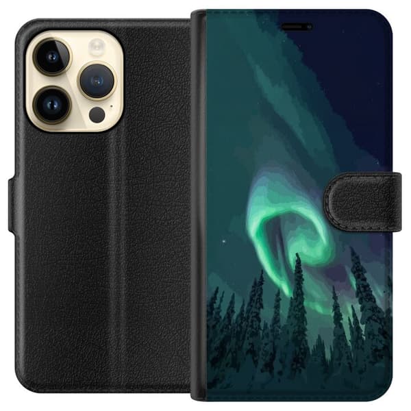 Kompatibelt Plånboksfodral till Apple iPhone 14 Pro Norrsken över vinterlandskap grön