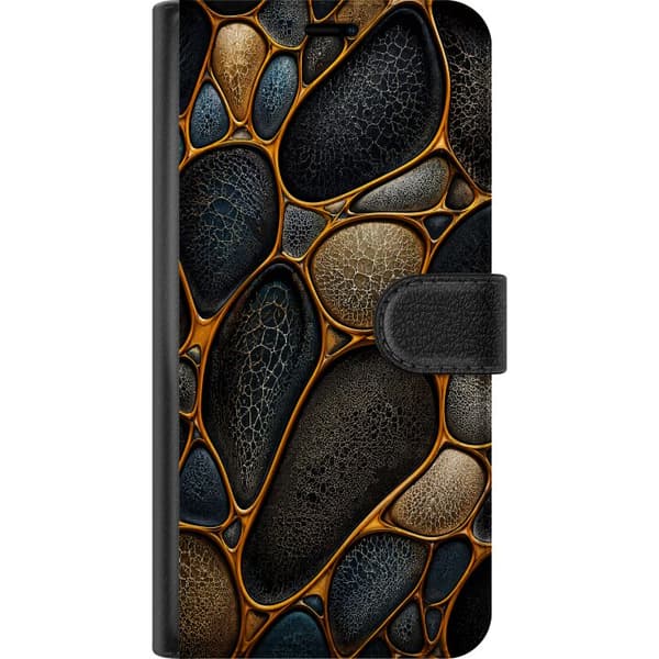 Kompatibel Tegnebogsetui til Apple iPhone 15 Pro Max Abstrakt mønster med sorte, brune og beige stenformer indrammet af gyldne linjer sort