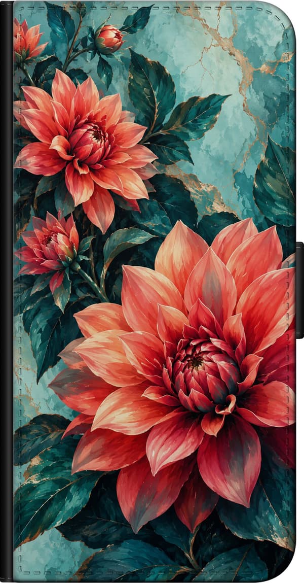 Kompatibel Tegnebogsetui til OnePlus 9 Pro Koraldahliaer turkis