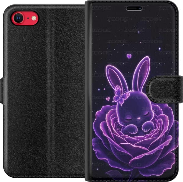 Kompatibel Tegnebogsetui til Apple iPhone 8 Lilla neonkanin i en lysende rose med små hjerter mod sort baggrund sort