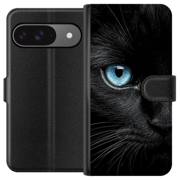 Kompatibel Tegnebogsetui til Google Pixel 9 Pro Nærbillede af sort kat med intenst blåt øje og dramatisk kontrast mod mørk baggrund sort