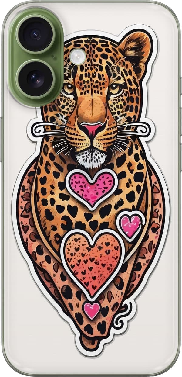 Kompatibel Mobilcover til Apple iPhone 17 Illustreret leopard med lyserøde og orange hjerter, sorte pletter og dekorative detaljer orange