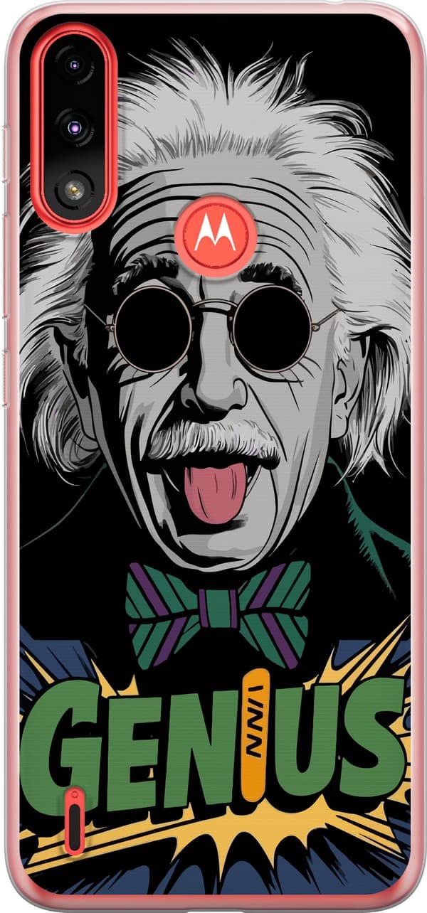 Kompatibelt Mobilskal till Motorola Moto E7 Power Tecknad Albert Einstein med solglasögon, utsträckt tunga och grön Genius-text svart