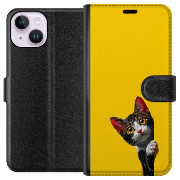Kompatibel Tegnebogsetui til Apple iPhone 15 Sød kat, der kigger ud mod gul minimalistisk baggrund gul