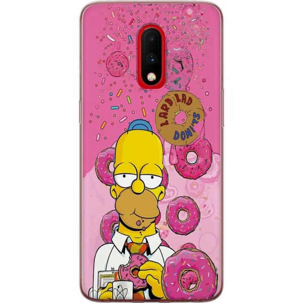 Kompatibel Mobilcover til OnePlus 7 Homer Simpson spiser lyserøde donuts mod en farverig baggrund pink