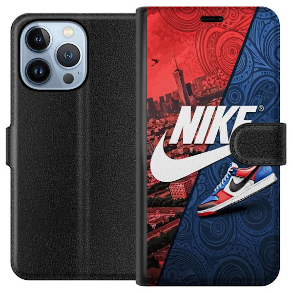 Apple iPhone 13 Pro Plånboksfodral Nike Logotyp Röd Blå Sneaker Stil Sport Fashion Populärt Swoosh Motiv Träningskläder Grafisk Ikon