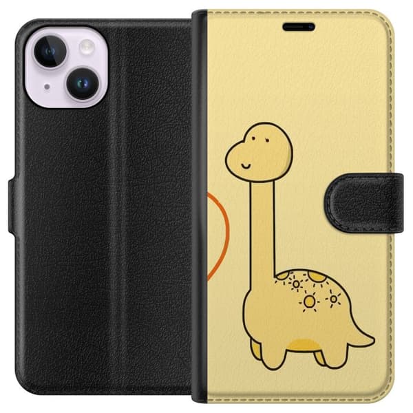 Kompatibel Tegnebogsetui til Apple iPhone 14 Minimalistisk tegnet langhalset dinosaur mod lysegul baggrund gul
