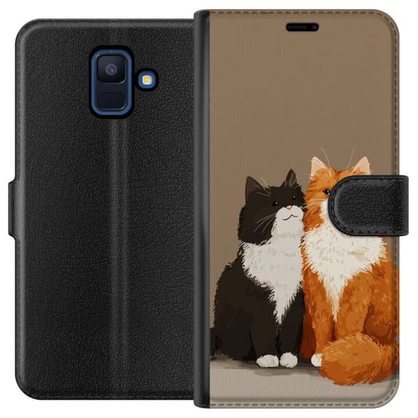 Kompatibel Tegnebogsetui til Samsung Galaxy A6 (2018) Illustrerede sort-hvide og orange-hvide katte sammen mod brun baggrund brun