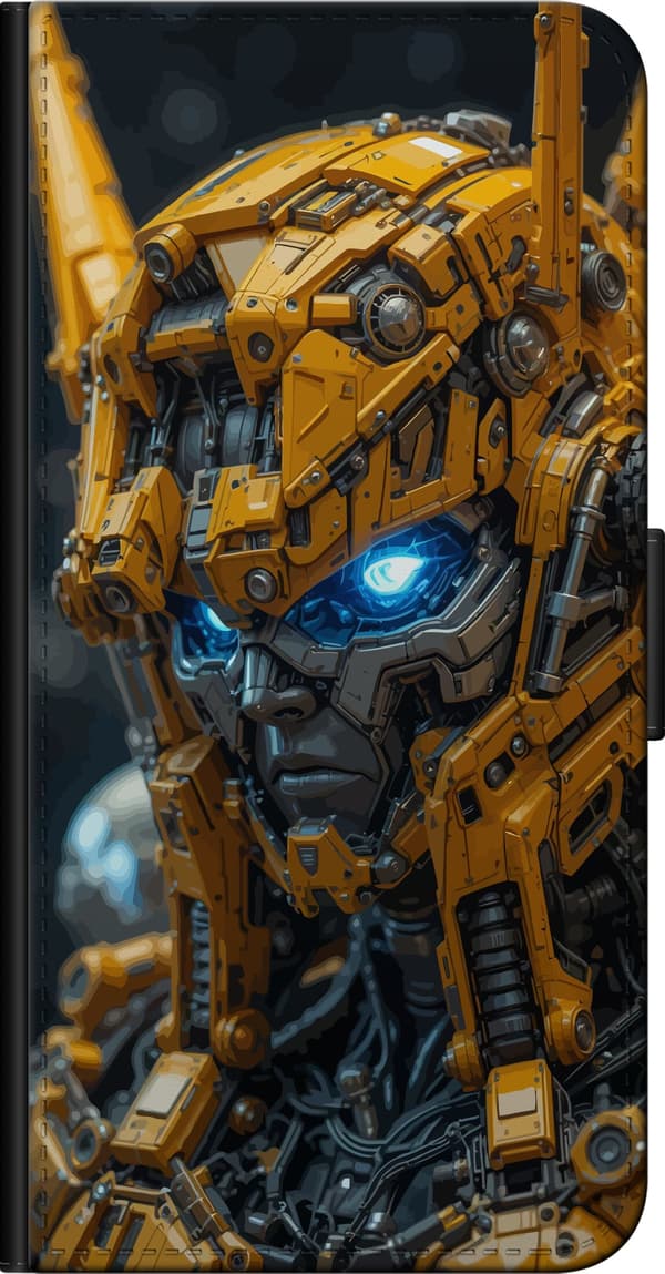 Kompatibelt Lommeboketui til Xiaomi Redmi Note 8 Pro  Detaljert gult robothode med blå øyne og mekaniske paneler gul