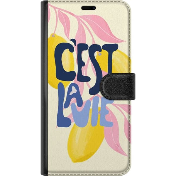 Kompatibel Tegnebogsetui til Samsung Galaxy S20+ Farverigt tekstmotiv med C'est la vie, gule citroner og lyserøde blade på lys baggrund gul