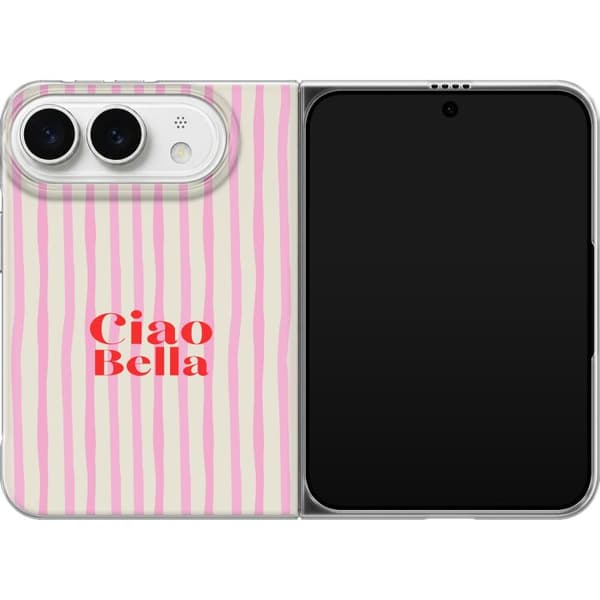 Kompatibelt Mobildeksel til Apple iPhone Duo Ciao Bella tekstmotiv med røde bokstaver og rosa-beige striper, leken retrodesign rosa
