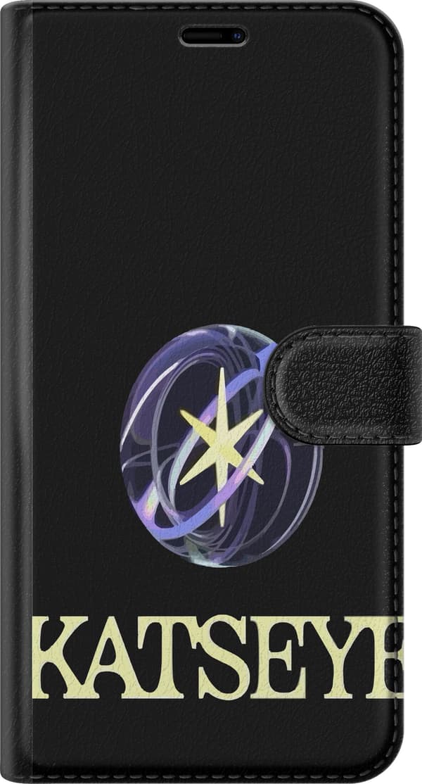 Kompatibel Tegnebogsetui til Apple iPhone 17 Pro KATSEYE-logo med gul stjerne, lilla omløbsringe og lys typografi mod sort baggrund sort