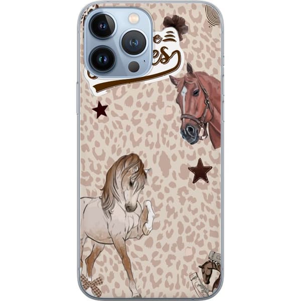 Kompatibelt Mobildeksel til Apple iPhone 13 Pro Max Hestekollasj med teksten I Love Horses, leopardmønster, stjerner og sløyfer brun