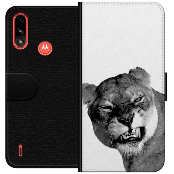 Motorola Moto E7 Power Lompakkokotelo Leijona Taiteellinen Eläinaihe Afrikkalainen Tyyli Viidakon Tunnelma Graafinen Suunnittelu Kotikoristeet Eläin