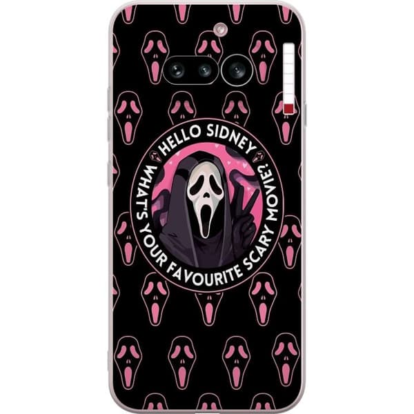 Kompatibel Mobilcover til Nothing Phone (4a) Sort og rosa skrækmotiv med maskerede figurer og teksten Hello Sidney sort