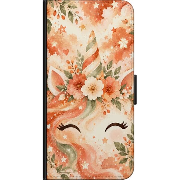 Kompatibel Tegnebogsetui til Xiaomi Redmi Note 8 Pro  Blomsterhorn – Enhjørningsansigt og blomster i beige nuancer. Et dekorativt motiv med tydelige beige