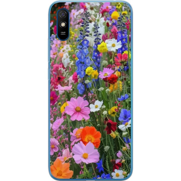 Xiaomi Redmi 9A Läpinäkyvä kuori Kukkakuvioinen mobiilikuori kesäisellä niityllä ja luontomaisemalla