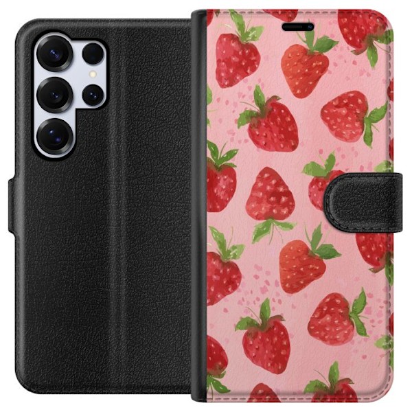 Samsung Galaxy S25 Ultra Plånboksfodral Strawberry Dreams – jordgubbsmönster i retrostil