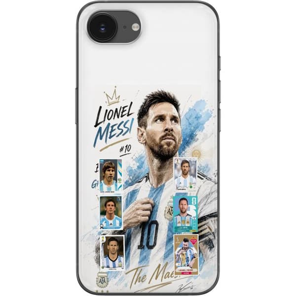 Kompatibelt Mobildeksel til Apple iPhone 16e Lionel Messi med argentinske farger og klassiske samleobjektkort i collage blå