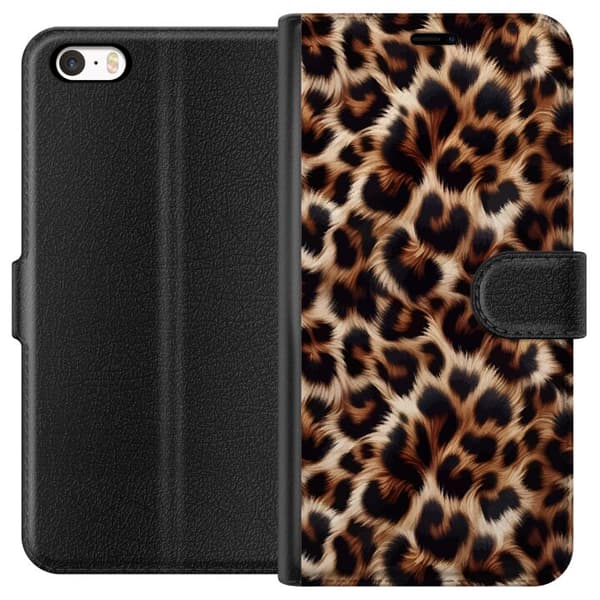 Kompatibel Tegnebogsetui til Apple iPhone SE (2016) Nær billede af leopardmønster med bløde pelsdetaljer i brune og sorte nuancer