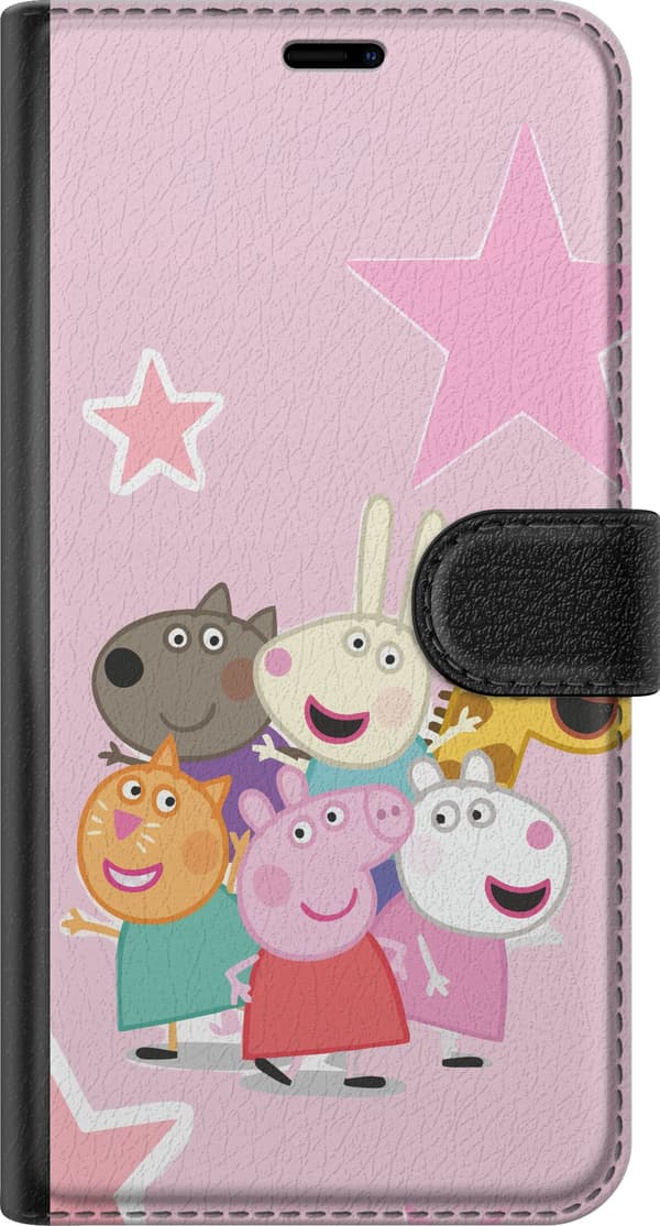 Kompatibel Tegnebogsetui til Apple iPhone 11 Gurli Gris og venner samlet med stjerner på lyserød baggrund, farverig børneillustration