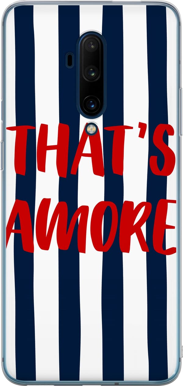 Kompatibelt Mobildeksel til OnePlus 7T Pro Rød That's Amore-tekst over mørkeblå og hvite loddrette striper blå