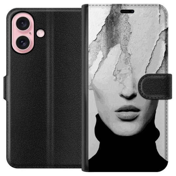 Kompatibel Tegnebogsetui til Apple iPhone 16 Abstrakt ansikte i svartvitt grå