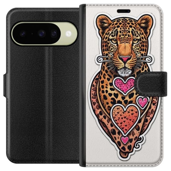 Kompatibel Tegnebogsetui til Google Pixel 11 Illustreret leopard med lyserøde og orange hjerter, sorte pletter og dekorative detaljer orange
