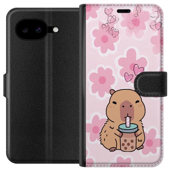 Kompatibel Tegnebogsetui til Google Pixel 10a Sød tegnet kapybara med bubble tea, lyserøde hjerter og store blomster på en legesyg lyserød baggrund pink