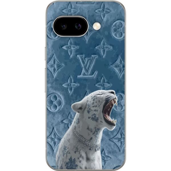 Kompatibelt Mobildeksel til Google Pixel 9a Eksklusiv hvit leopard med blå detaljer og elegant mønstret bakgrunn blå