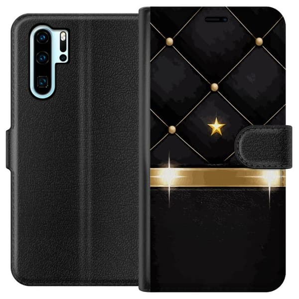 Kompatibel Tegnebogsetui til Huawei P30 Pro Sort quiltet baggrund med guldstjerne