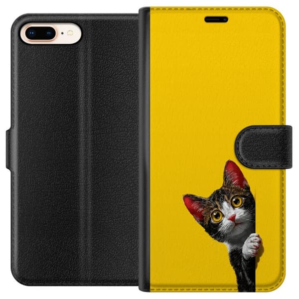 Kompatibel Tegnebogsetui til Apple iPhone 7 Plus Sød kat, der kigger ud mod gul minimalistisk baggrund gul