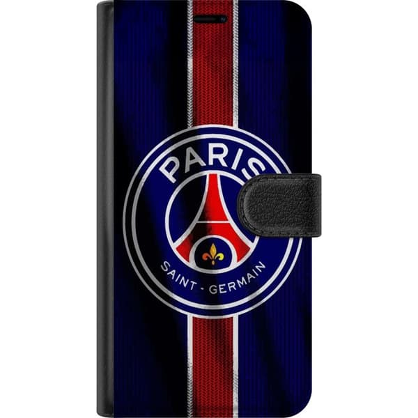 Kompatibel Tegnebogsetui til Apple iPhone 13 mini Paris Saint-Germain-emblem med Eiffeltårnet i centrum, lodret stribe i rødt og hvidt på blå tekstil