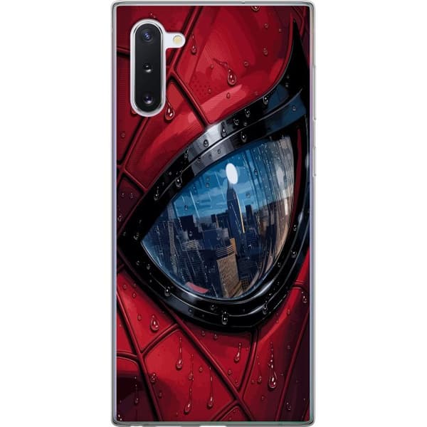 Kompatibelt Mobildeksel til Samsung Galaxy Note10 Nærbilde av Spider-Man-maske med regndråper og byrefleksjon i øyet rød