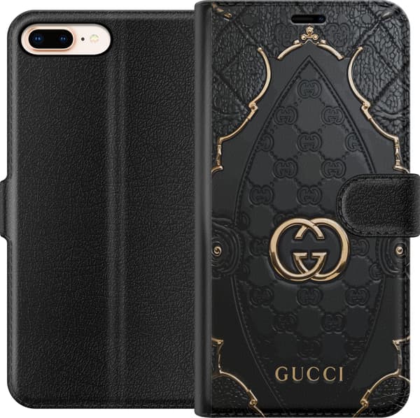 Kompatibel Tegnebogsetui til Apple iPhone 8 Plus Sort quiltet monogrammønster med dekorative gulddetaljer og emblem sort