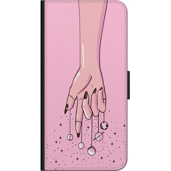 Kompatibel Tegnebogsetui til Xiaomi Redmi Note 9 Pro Illustreret hånd med hængende planeter mod lyserød baggrund pink