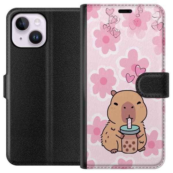 Kompatibel Tegnebogsetui til Apple iPhone 15 Plus Sød tegnet kapybara med bubble tea, lyserøde hjerter og store blomster på en legesyg lyserød baggru pink