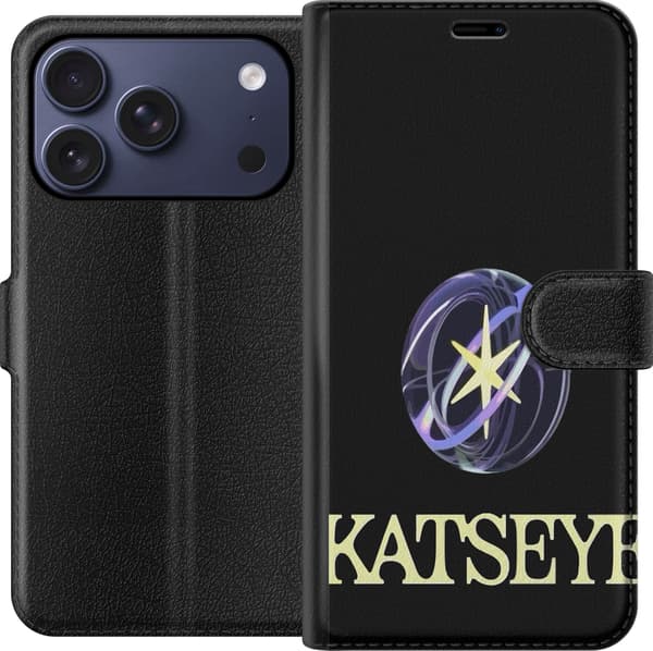 Kompatibel Tegnebogsetui til Apple iPhone 17 Pro KATSEYE-logo med gul stjerne, lilla omløbsringe og lys typografi mod sort baggrund sort