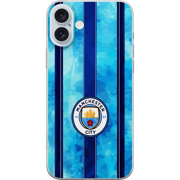 Kompatibel Mobilcover til Apple iPhone 16 Plus Stort cirkelformet fodboldemblem mod lyseblå og mørkeblå lodrette striber med subtil tekstur blå