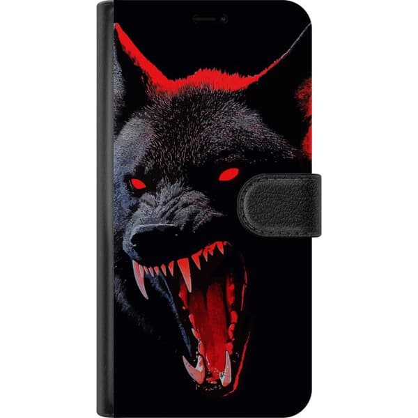Kompatibel Tegnebogsetui til OnePlus 9 Dramatisk ulveportræt med lysende røde øjne og blottede tænder mod sort baggrund sort