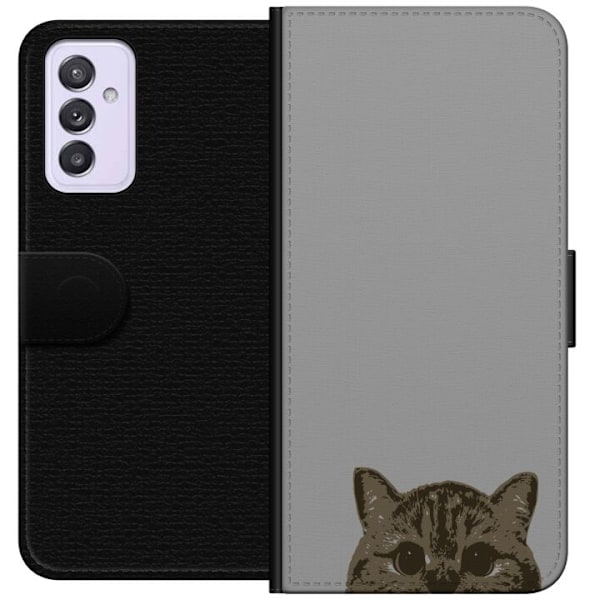 Samsung Galaxy A82 5G Plånboksfodral Grå Kattblick – stilren kattdesign med grå bakgrund