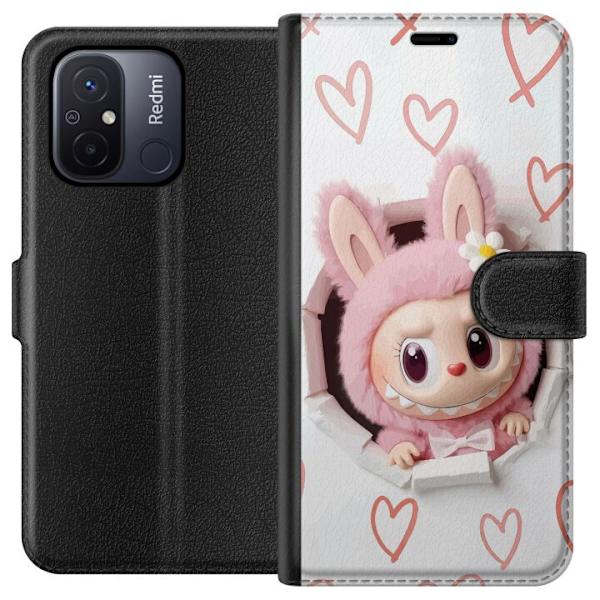 Xiaomi Redmi 12C Plånboksfodral Labubu Hjärtbakgrund Pop Mart Kärlek Tema Figur Design Populärt Motiv Samlarfigur Art Toy Serie
