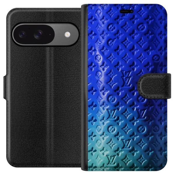 Kompatibelt Lommeboketui til Google Pixel 9 Pro Blått luksuriøst monogrammønster med elegant preget tekstur blå