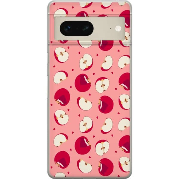 Kompatibelt Mobildeksel til Google Pixel 7 Røde epler, epleskiver og små hjerter på rosa bakgrunn, lekent fruktmønster rosa