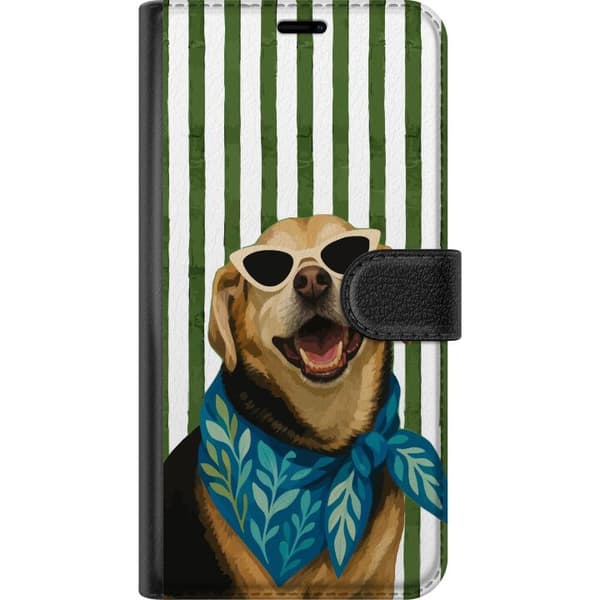 Kompatibel Tegnebogsetui til Apple iPhone XR Glad hund med solbriller og blåt tørklæde mod grøn-hvidstribet baggrund grøn