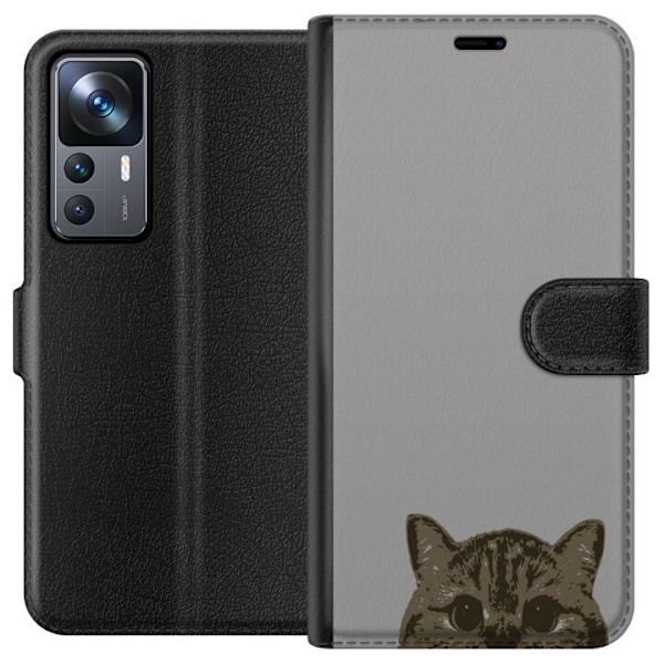Xiaomi 12T Plånboksfodral Grå Kattblick – stilren kattdesign med grå bakgrund