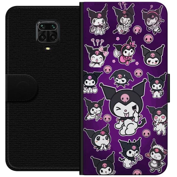 Kompatibel Tegnebogsetui til Xiaomi Redmi Note 9 Pro Tegnede sort-hvide figurer med lyserøde dødningehoveder og detaljer på lilla baggrund lilla