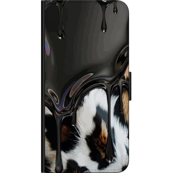 Kompatibel Tegnebogsetui til Xiaomi Redmi Note 8 Pro  Sort flydende dråbemønster over sort-hvidt dyremotiv med brune detaljer, moderne dyrisk design sort