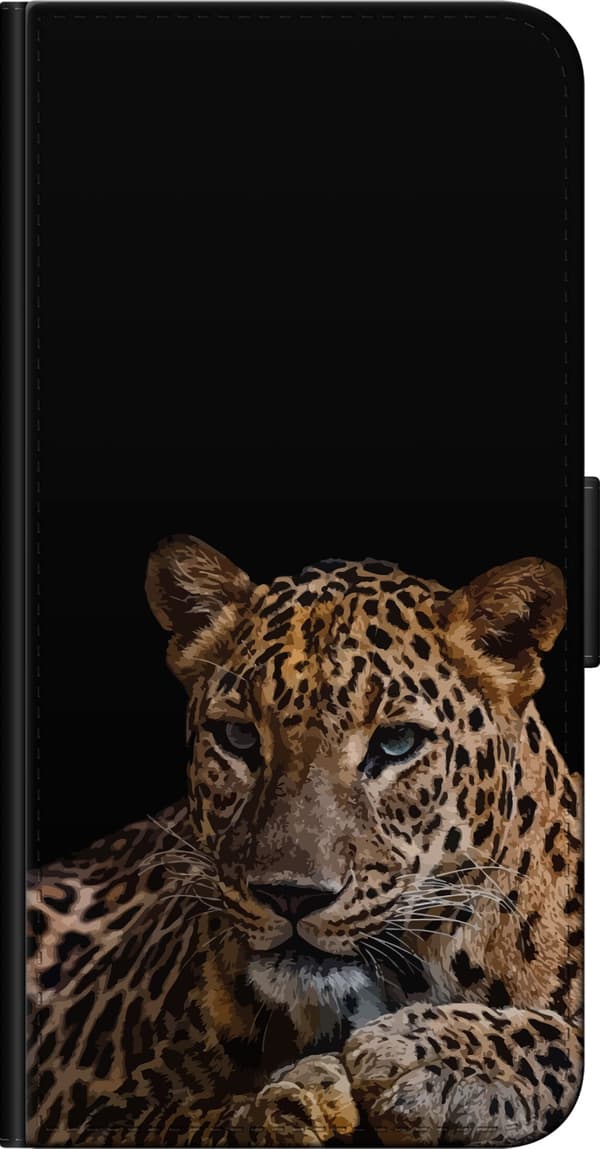 Kompatibel Tegnebogsetui til OnePlus 9 Pro Leopardportræt - rovdyrmotiv på sort baggrund sort